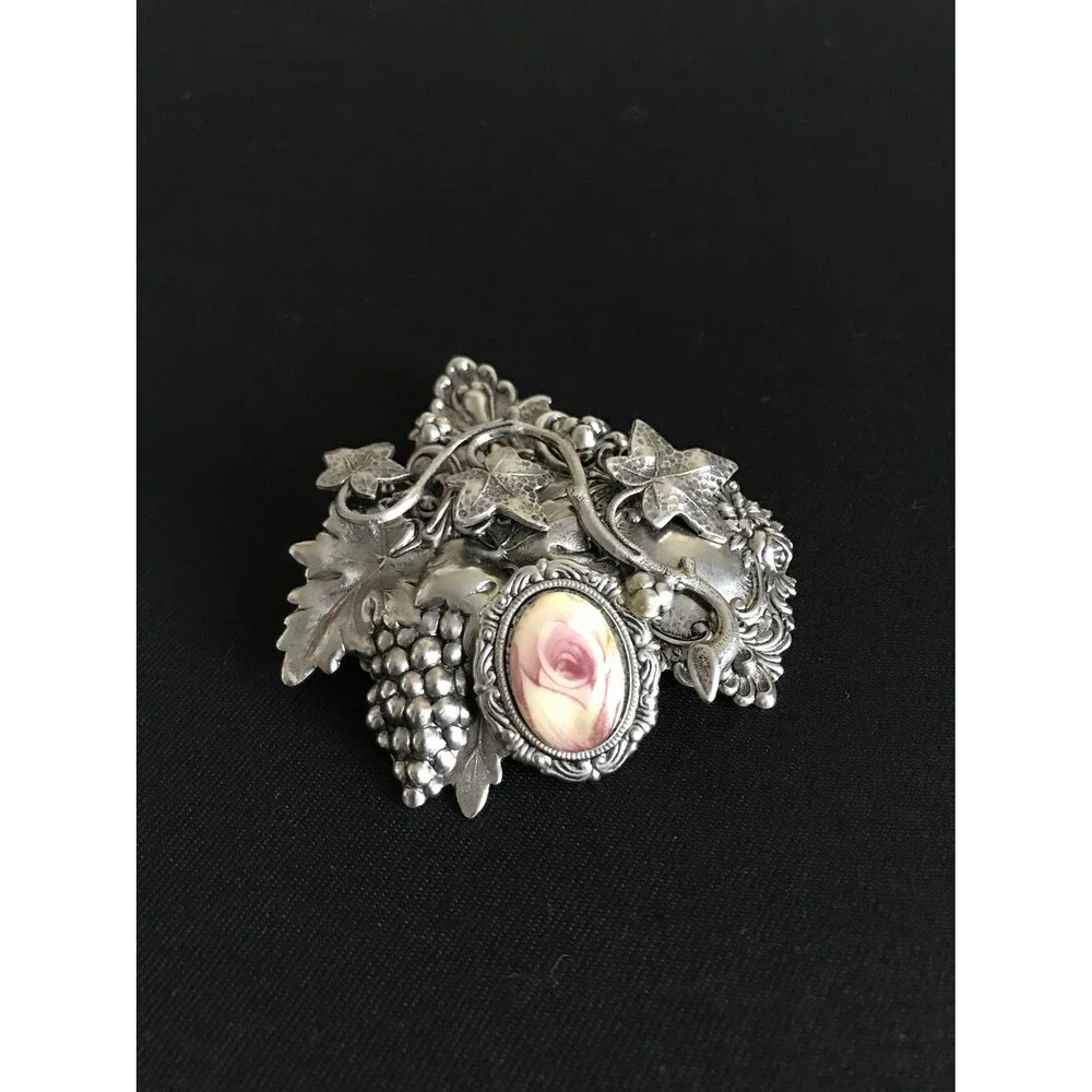 Vintage Silver tone 3D Rose Brooch Pendant